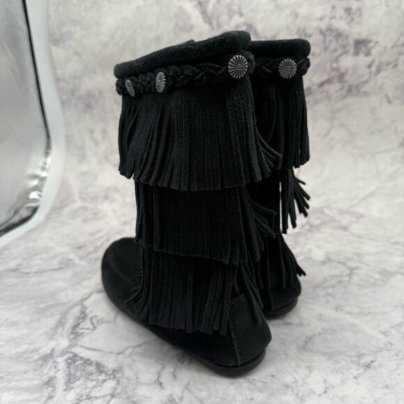 Minnetonka Black Moccasins with Mid-Calf Height and Fringe, Girls Size 2. - Picture 2 of 7